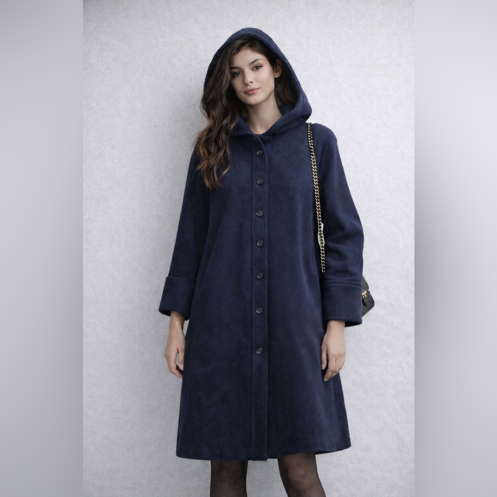 Vintage Peabody House Navy Hooded Wool Coat Dress Womens S Made in USA Wide Cuff